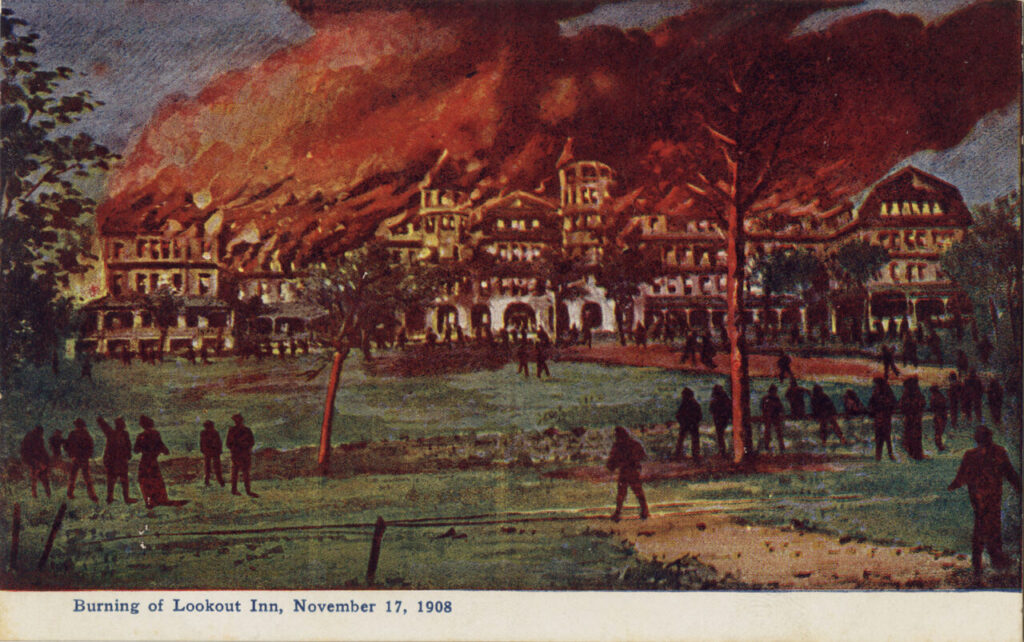 Illustration of the Lookout Inn burning.