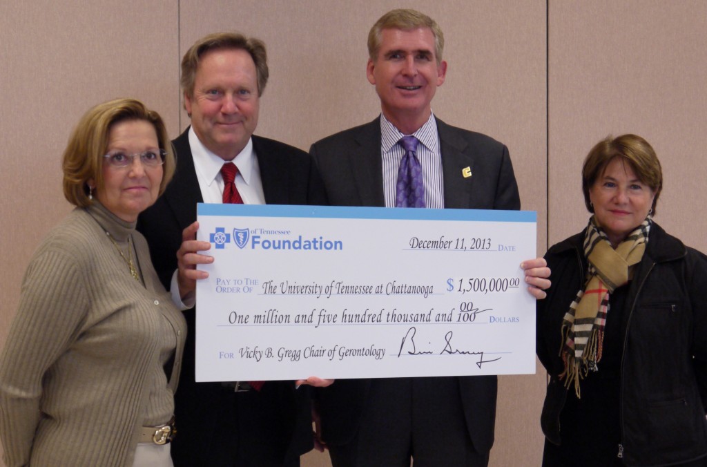 from left, Vicky B. Gregg;  Bill Gracey, President and CEO of BlueCross BlueShield of Tennessee; UTC Chancellor Steven Angle; Dr. Chris Smith, Interim Director, UTC School of Nursing