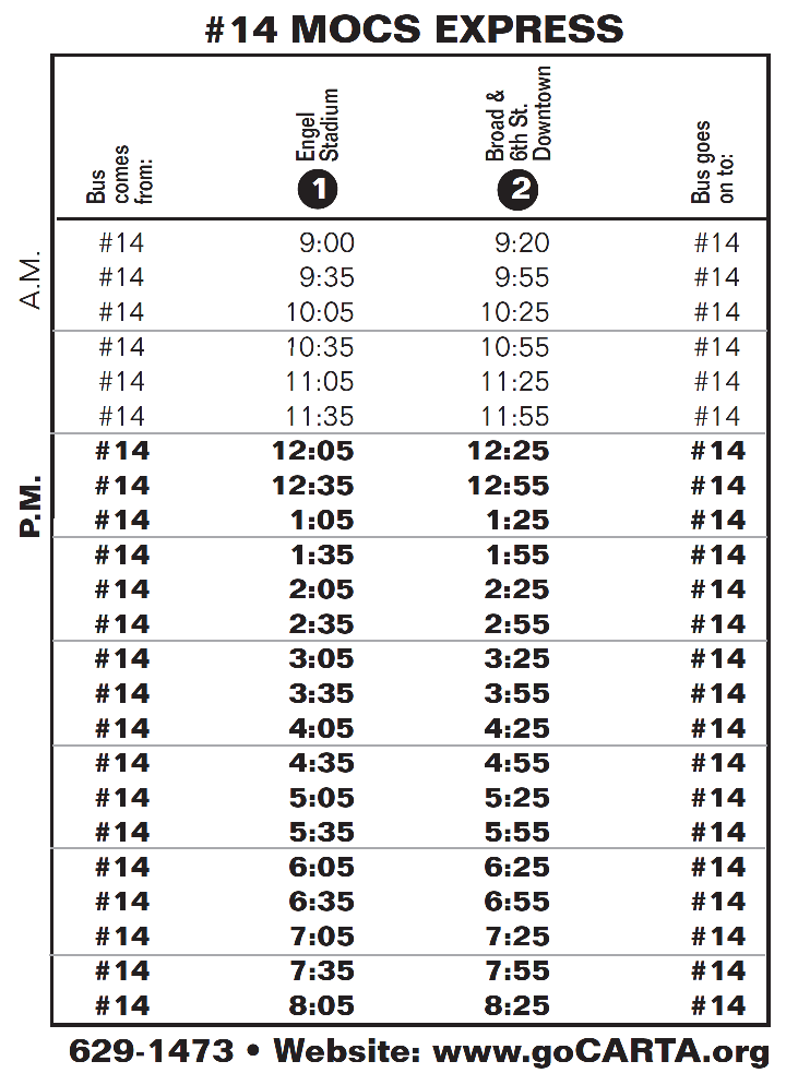 CARTA departures for Mocs Shuttle