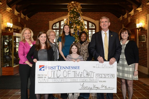 l-r: Cynthia Long, Tammy Hargis, Catherine Cox, Alicia Kubik and her daughter, Lily Kubik, Chancellor Steve Angle, Barbara Verhine