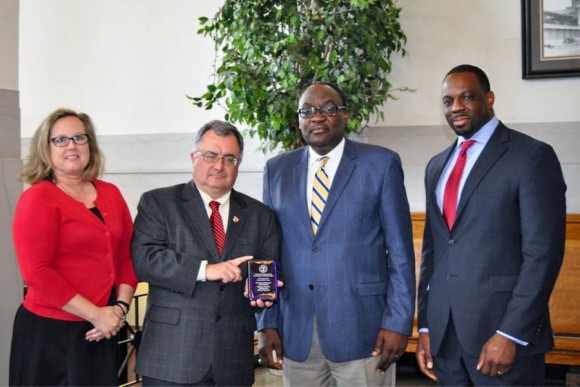 From left to right: Dr. Shari Meghreblian, TDEC Deputy Commissioner; Bob Martineau, TDEC Commissioner, Dr. Ignatius Fomunung; and Toks Omishakin, Assistant Commissioner, Tennessee Department of Transportation (TDOT)