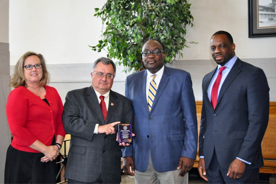 From left to right: Dr. Shari Meghreblian, TDEC Deputy Commissioner; Bob Martineau, TDEC Commissioner, Dr. Ignatius Fomunung; and Toks Omishakin, Assistant Commissioner, Tennessee Department of Transportation (TDOT)