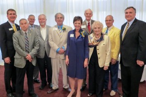 From left:  Former winners of the awards with the Chancellor and 2015 recipients.  L to r:  Dr. Steve Angle, Tom Griscom, Dr. Fred Obear, Max Fuller, Bill Landry, Kim White, Dr. Bill Stacy, Ruth Obear, Charles Pierce, and Don Lepard.