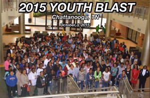 Large group photo of Youth Blast participants in the University Center 1st floor foyer