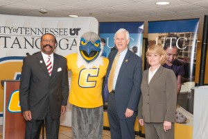 Commissioner Bill Gibbons, Lori Bullard, Assistant Commissioner of Driver Services and Dr. Richard Brown, UTC Executive Vice Chancellor, and Scrappy Moc