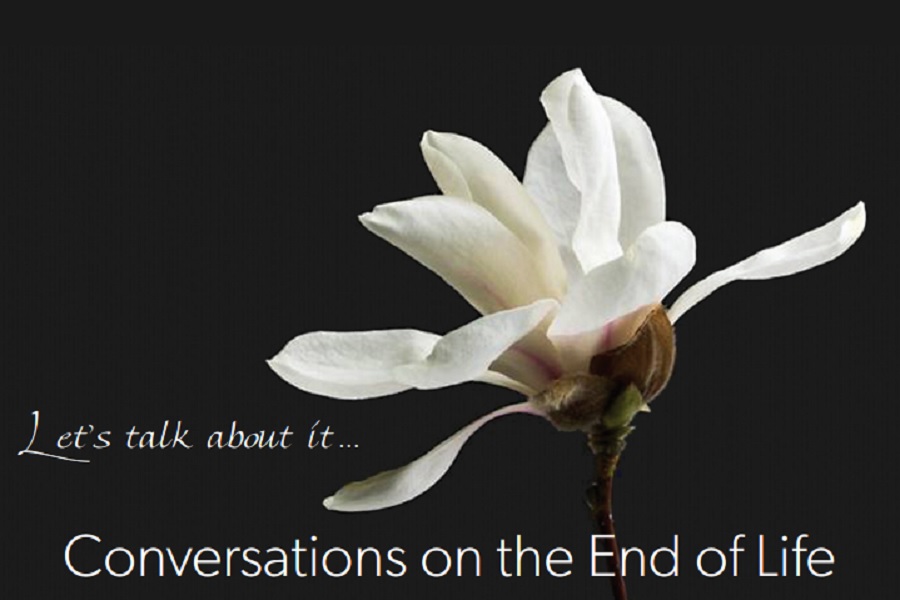 Promotional banner for "Conversations at the End of Life"; a white flower languishes against a midnight black background