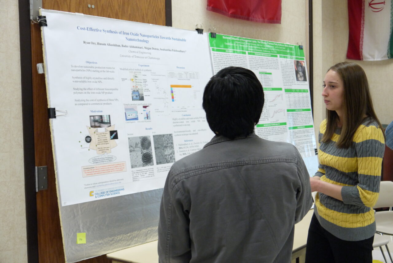 UTC Student Megan Downs presenting her poster, "Cost-Effective Synthesis of Iron Oxide Nanoparticles Towards Sustainable Nanotechnology" at Research Dialogues