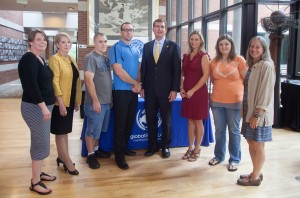 Amanda Bennett, director of honors, Chattanooga State; Flora Tidings, president, Chattanooga State; Tim Perkins, honors student and computer science major, Chattanooga State; Brandon Watson, honors student and communication major, Chattanooga State; Steve Angle, chancellor, UTC; Brandy Little, honors student and engineering major, Chattanooga State; Abby Callahan, honors student and English major, Chattanooga State; Linda Frost, dean of Honors College, UTC