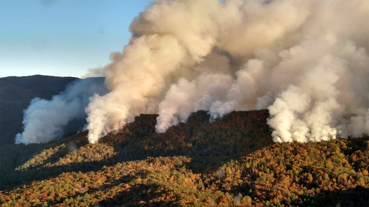 Aerial photograph of smoke rising from the 2016 Rough Ridge wildfire in Cohutta Wilderness, Georgia. Public domain image from inciweb.gov