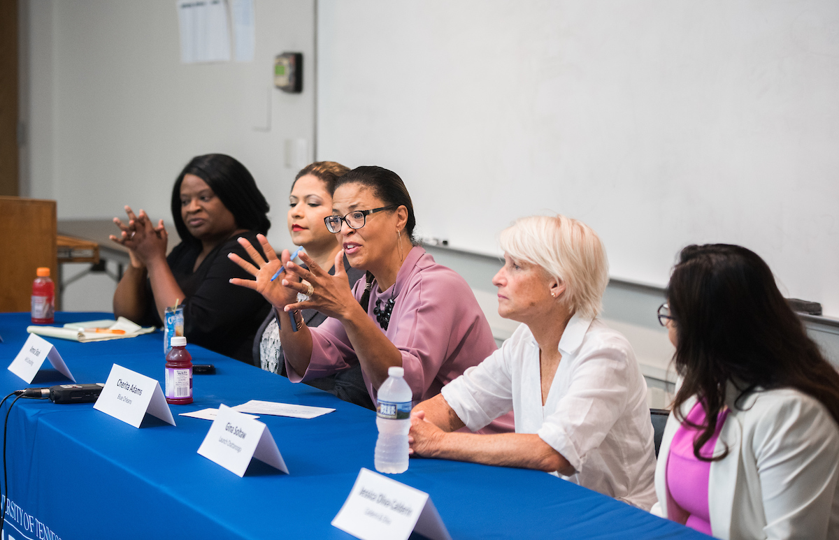 A panelist of local entrepreneurs and professions in the field answer questions about what it takes to start a business. From left to right: Felicia Jackson, Amna Shah, Cherita Adams, Gina Soltaw and Jessica Oliva-Calderin.