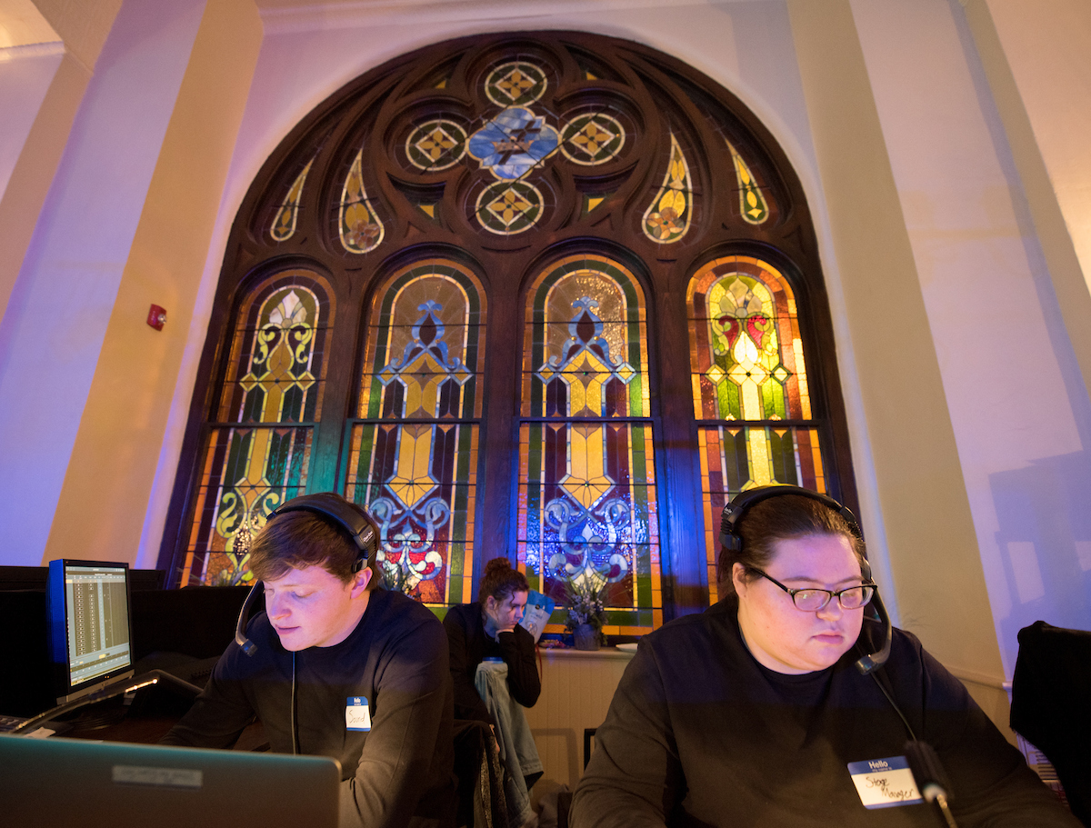 Love and Information play rehearsal Monday, Feb. 8, 2019 in Lindsay Street Hall.