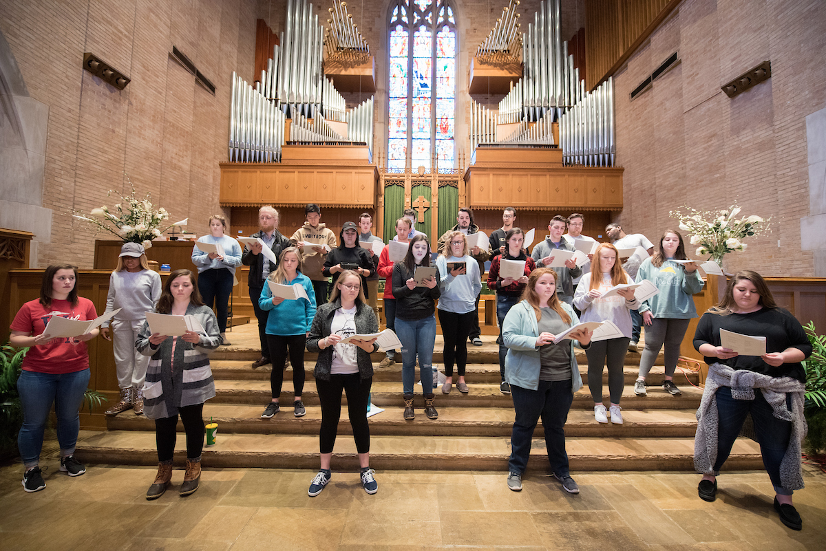UTC Chamber Singers prepare for recording Tuesday, Jan. 22, 2018 at Cumberland Presbyterian Church.