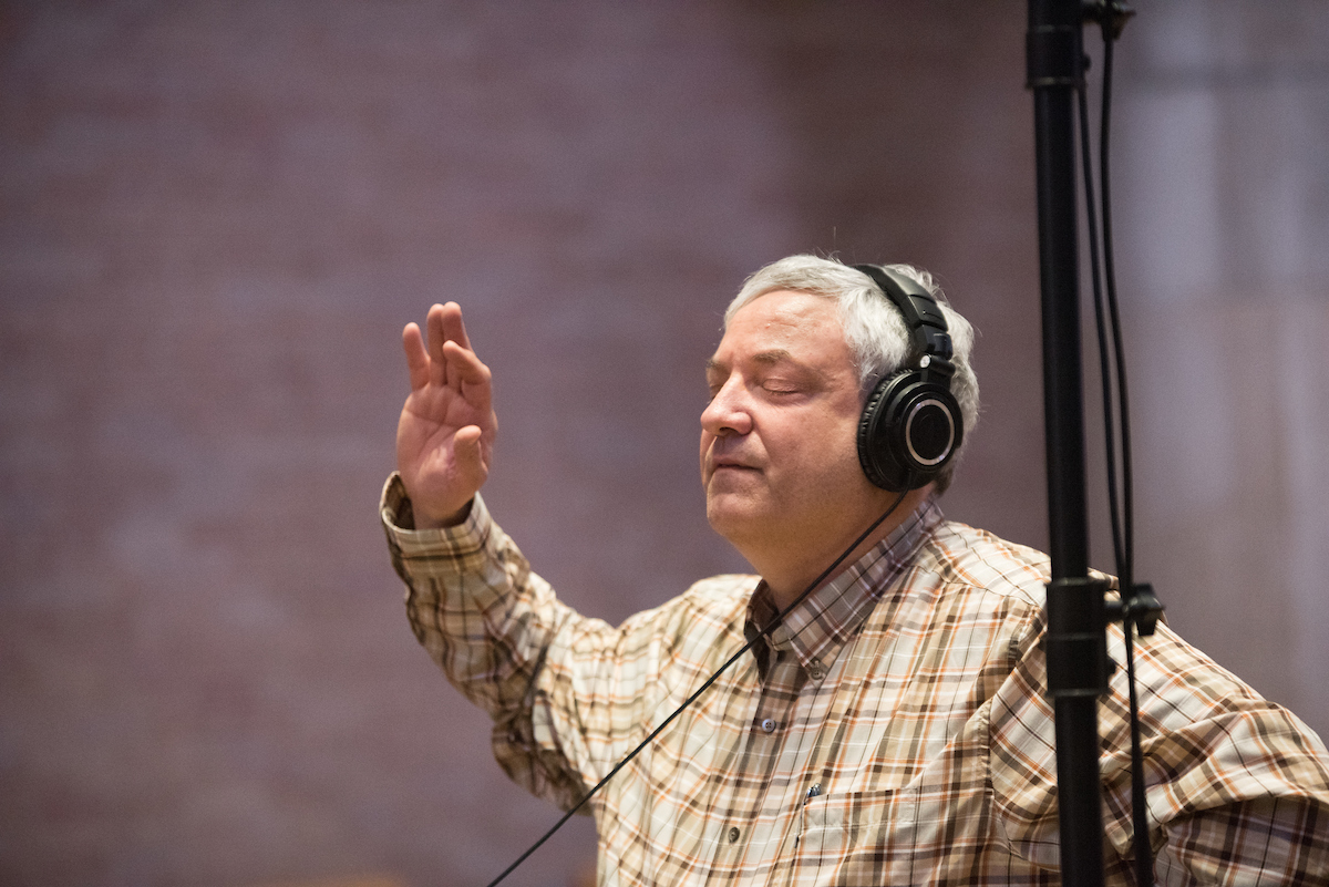 Dr. Kevin Ford conducts UTC Chamber Singers during "Silver Songs" recording Tuesday, Jan. 22, 2018 at Cumberland Presbyterian Church.