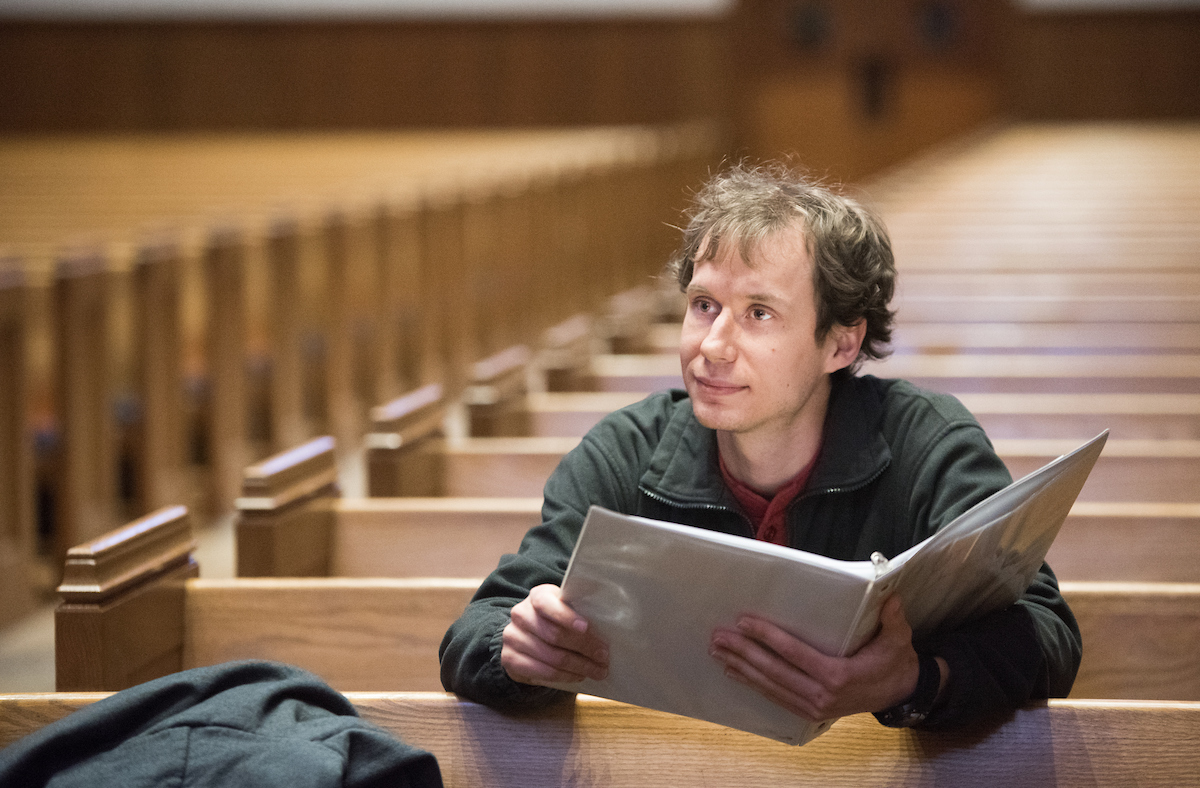 Ethan McGrath '14 listens as the Chamber Singer prepare for recording of "Silver Songs" Tuesday, Jan. 22, 2018 at Cumberland Presbyterian Church.