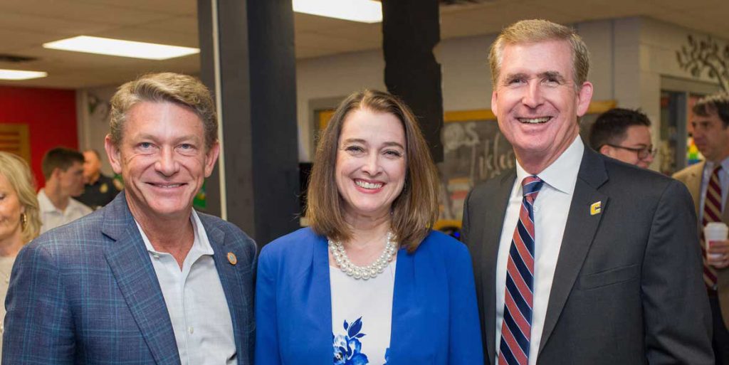 UT System President Randy Boyd, Red Bank High School Principal Elaine Harper and UTC Chancellor Steve Angle pose for photo at Red Bank High School