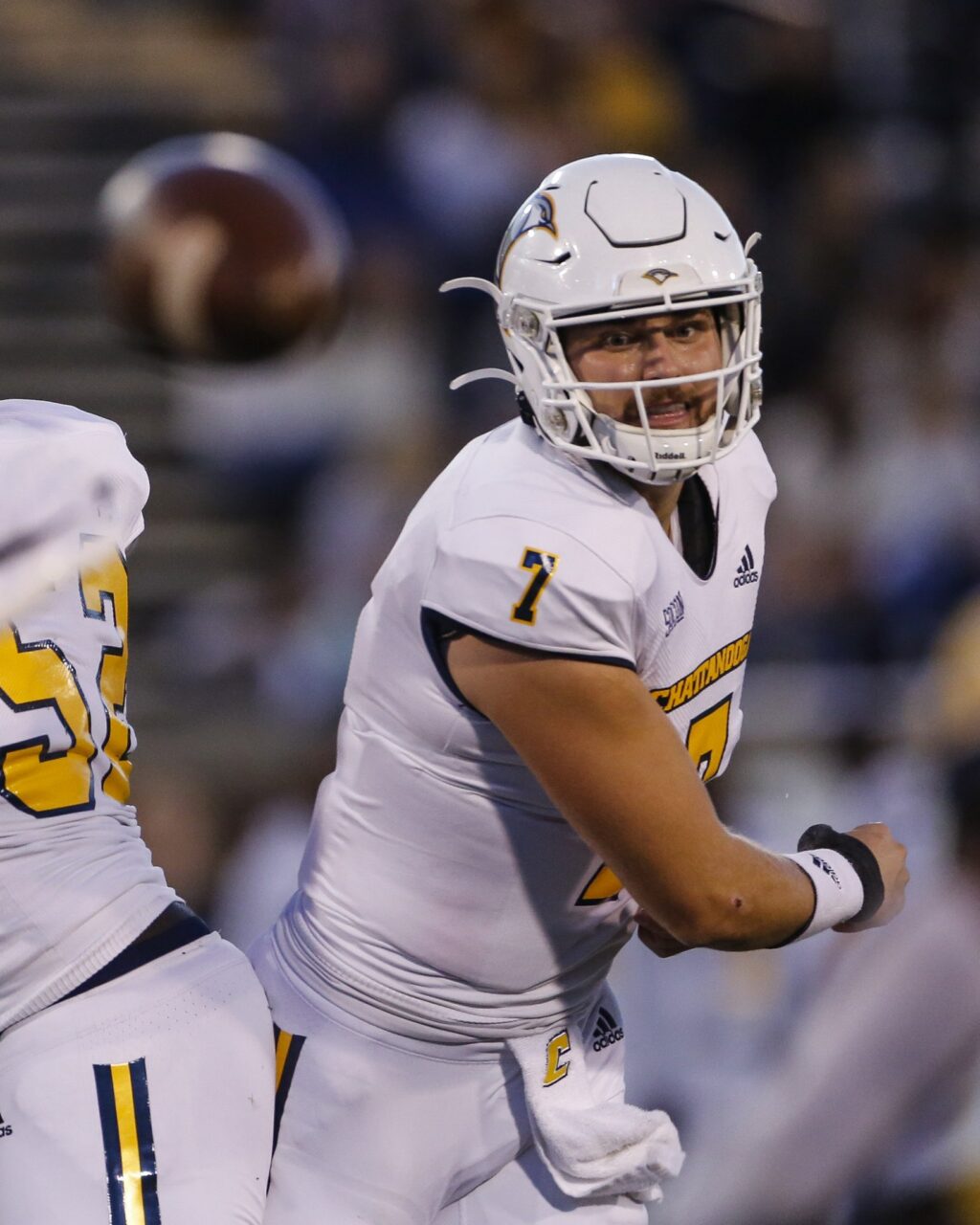 Elian Richter photo: UTC Mocs quarterback Nick Tiano throws a pass during the game with East Tennessee State University TSU at Finley Stadium.