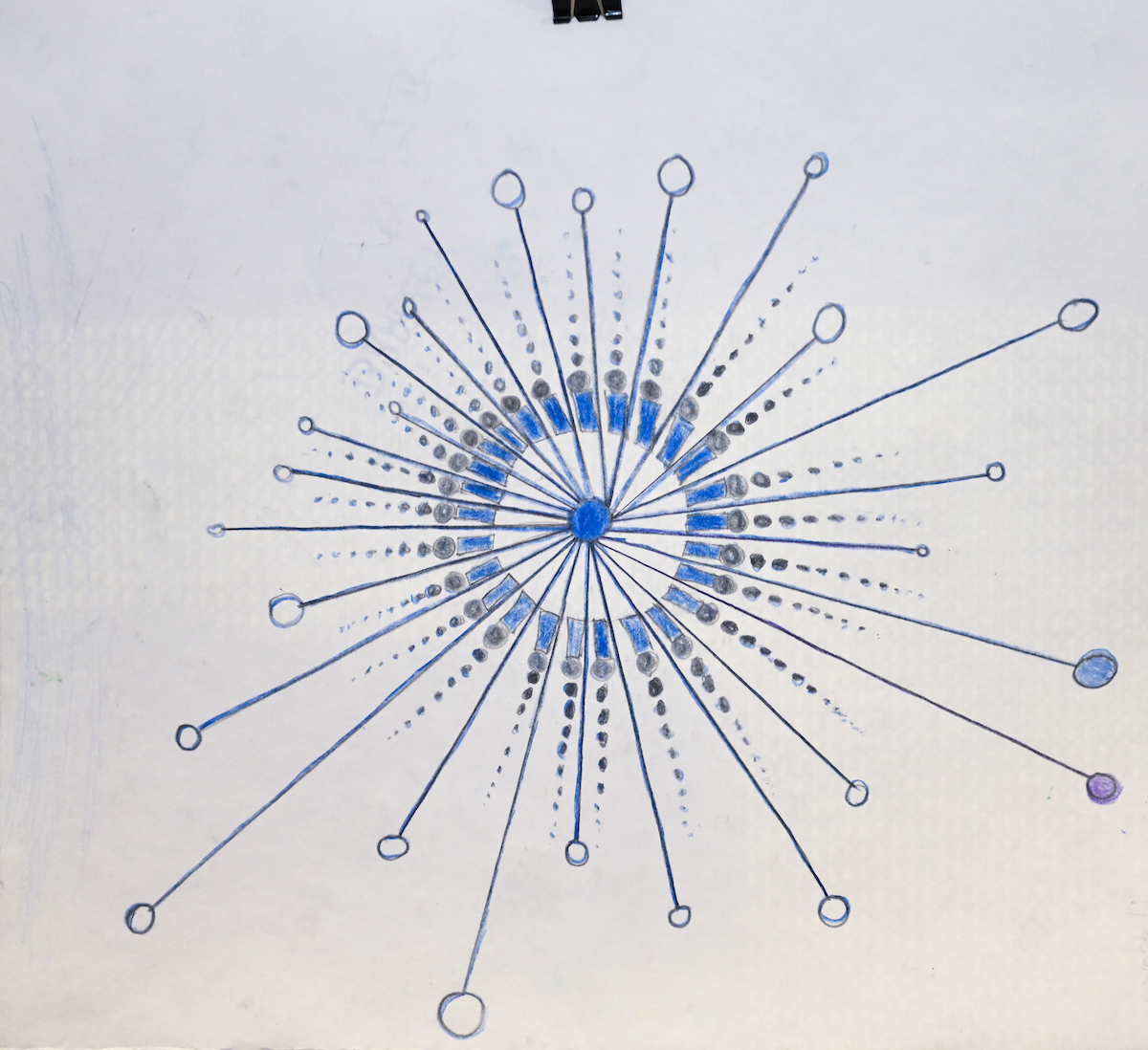 An illustration of a small blue circle that has lines jetting out from it on every side each with a circle on the end of the line. There are also two layers of lines around the circle. One layer is made up of blue rectangles and the second shows black dots that get progressively smaller the further they get from the center.