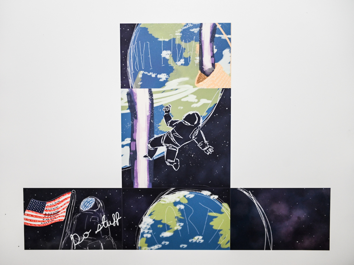 4 rectangles show images of an image of the Earth and a purple line in front of the planet. An astronaut outlined in all black floats in front of the planet. In a separate image the astronaut holds an American flag while looking towards Earth. "Do stuff" is written in cursive in the foreground of the standing astronaut.