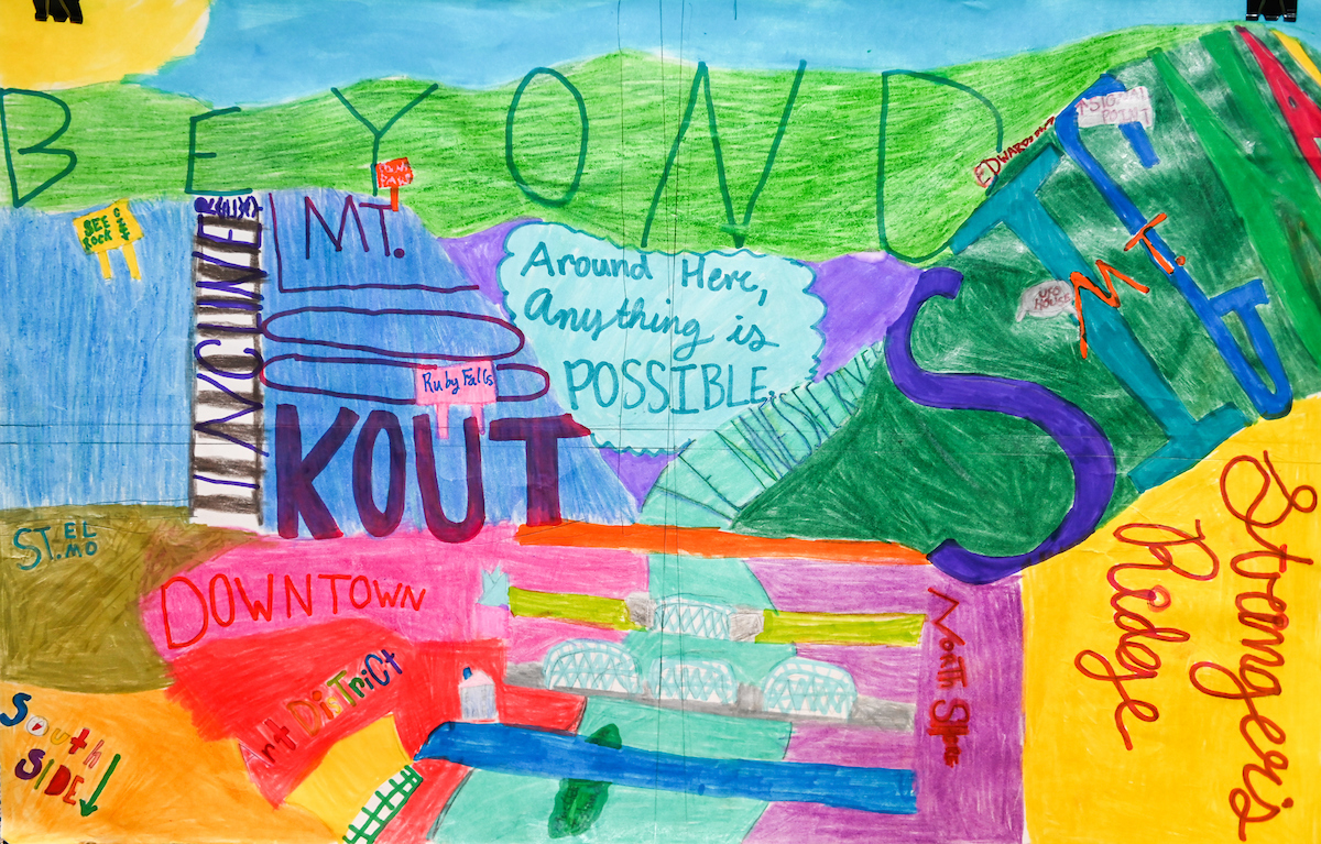 An artwork depicting a map of downtown Chattanooga breaks up distinct locations, Lookout Mt, Signal Mt. Downtown, and Stringers Ridge into colorful sections.