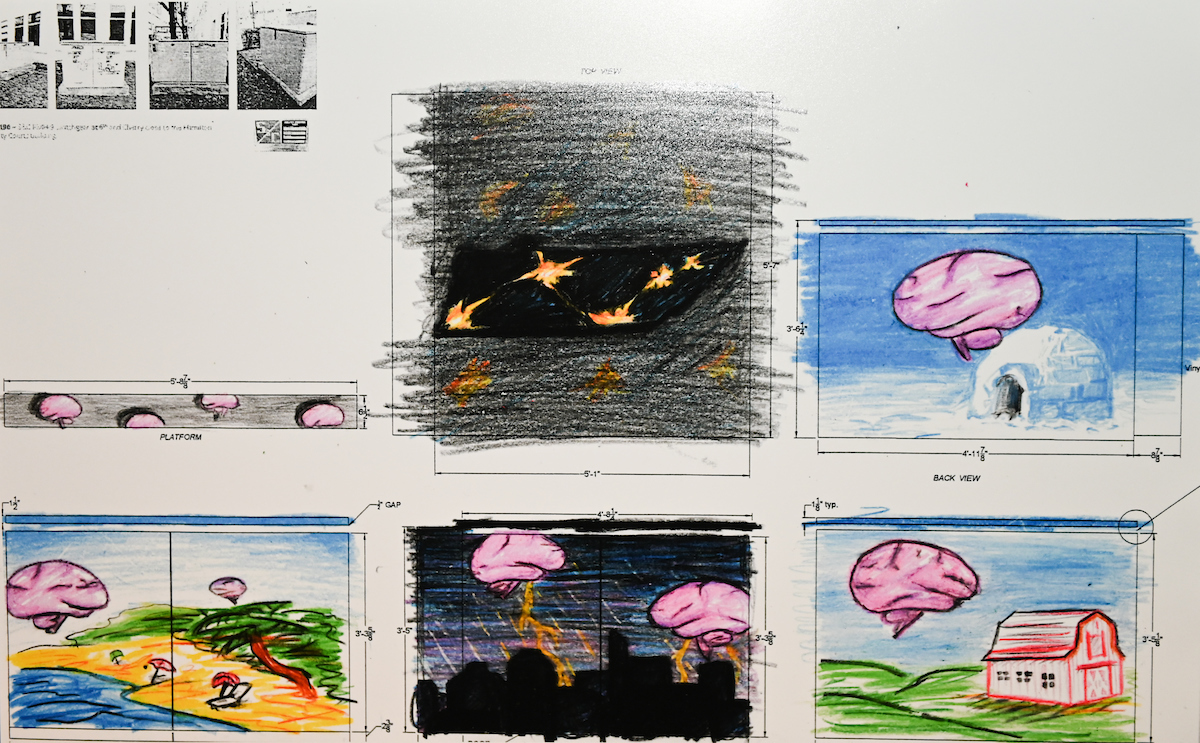 There are six different illustrated artworks. Each of them contain a floating brain in different locations. One over an igloo, Two brains over a beach, Two over a city in a storm, and another over a farmhouse in rolling meadows.