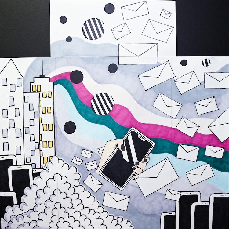 An artwork shows a hand holding a cellphone in the center. Over 20 white envelopes of various sizes are floating around the work. There are 3 large city buildings on the left side of the work and 8 phones in the bottom left and right corners. A colorful pink, green, and blue cloud runs through the center of the artwork.