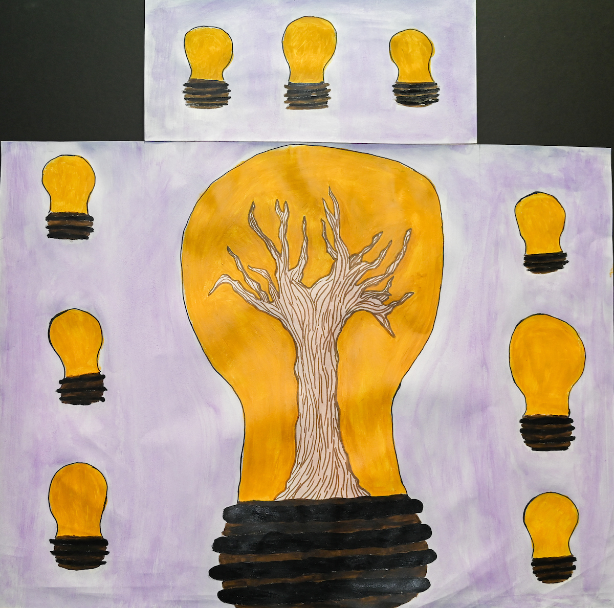A painting of a dead tree inside a golden lightbulb is surrounded by 9 other smaller lightbulbs without trees.
