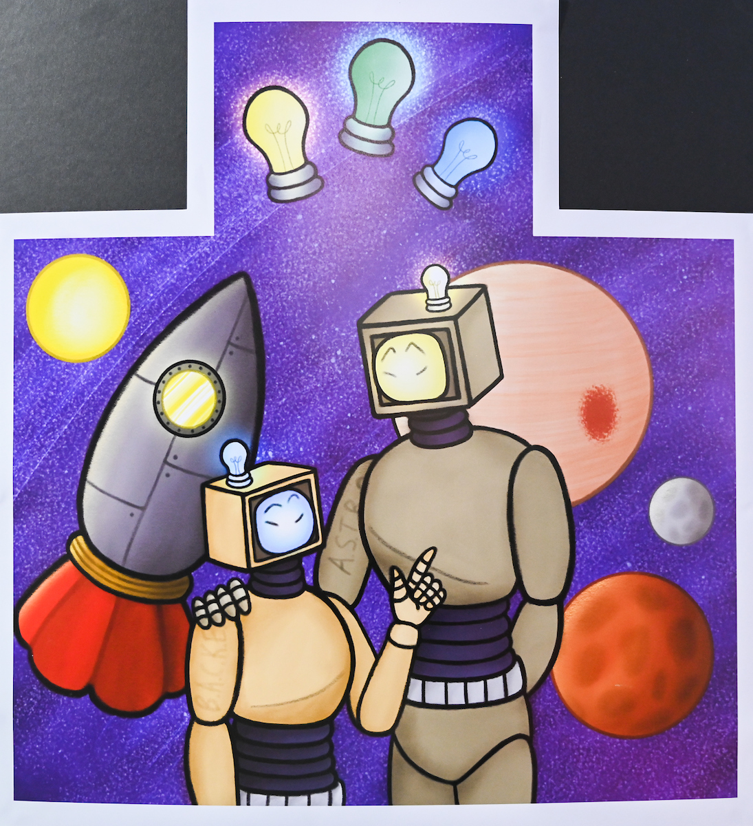 A painting of two robots, one short, one tall. The taller has its hand on the shorter's shoulder. Each of them stand in front of a rocket, a few planets and floating lightbulbs.