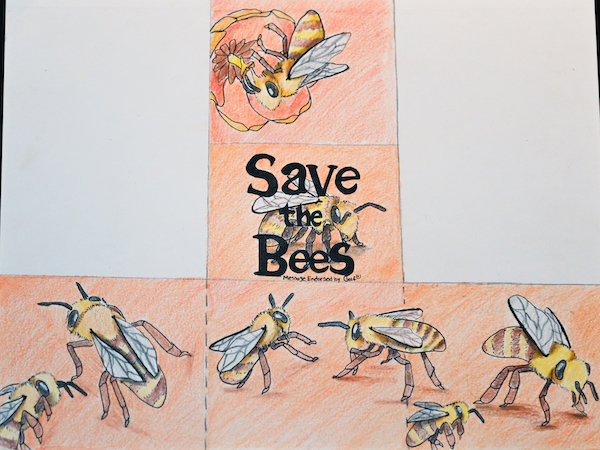 Text in the center of the artwork reads, "save the bees". 8 illustrated bees are across 5 orange squares.