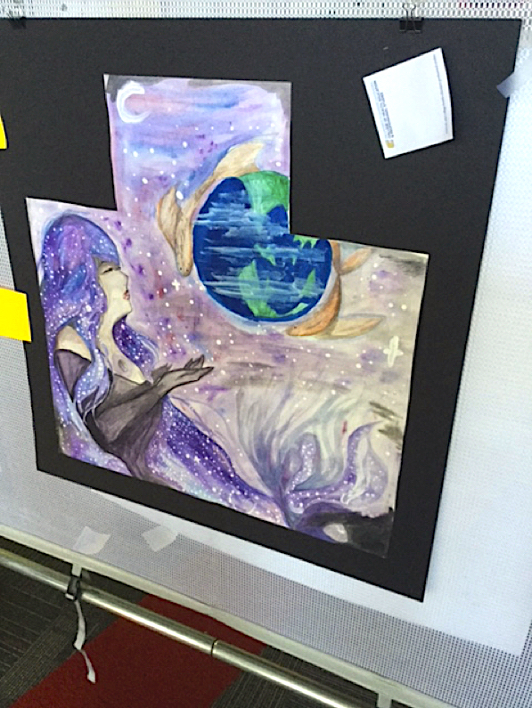An artwork of a woman with long purple hair covered in stars. She looks up at the Earth and two large fish are swimming beside the planet.