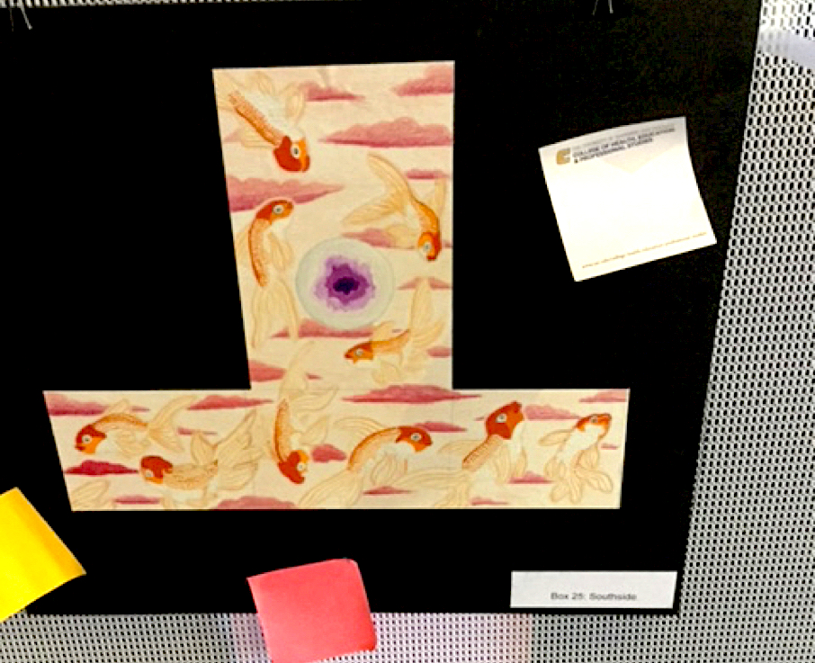 Artwork of gold fish swimming in circles around a sphere that resembles an eye ball. There are red clouds behind the goldfish.