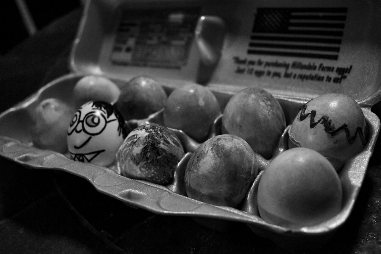 A dozen eggs decorated for Easter.