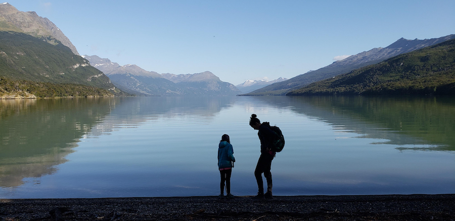 Stephanie and Anya enjoying the view of Lago Roca in Tierra del Fuego National Park in Argentina.