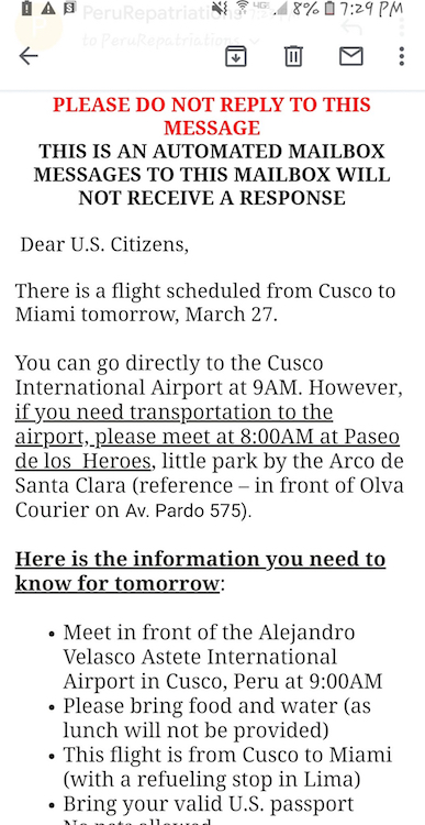 The official notice from the U.S. Embassy that American citizens stuck in Peru received with instructions on how to board a plane the next day to leave the country.