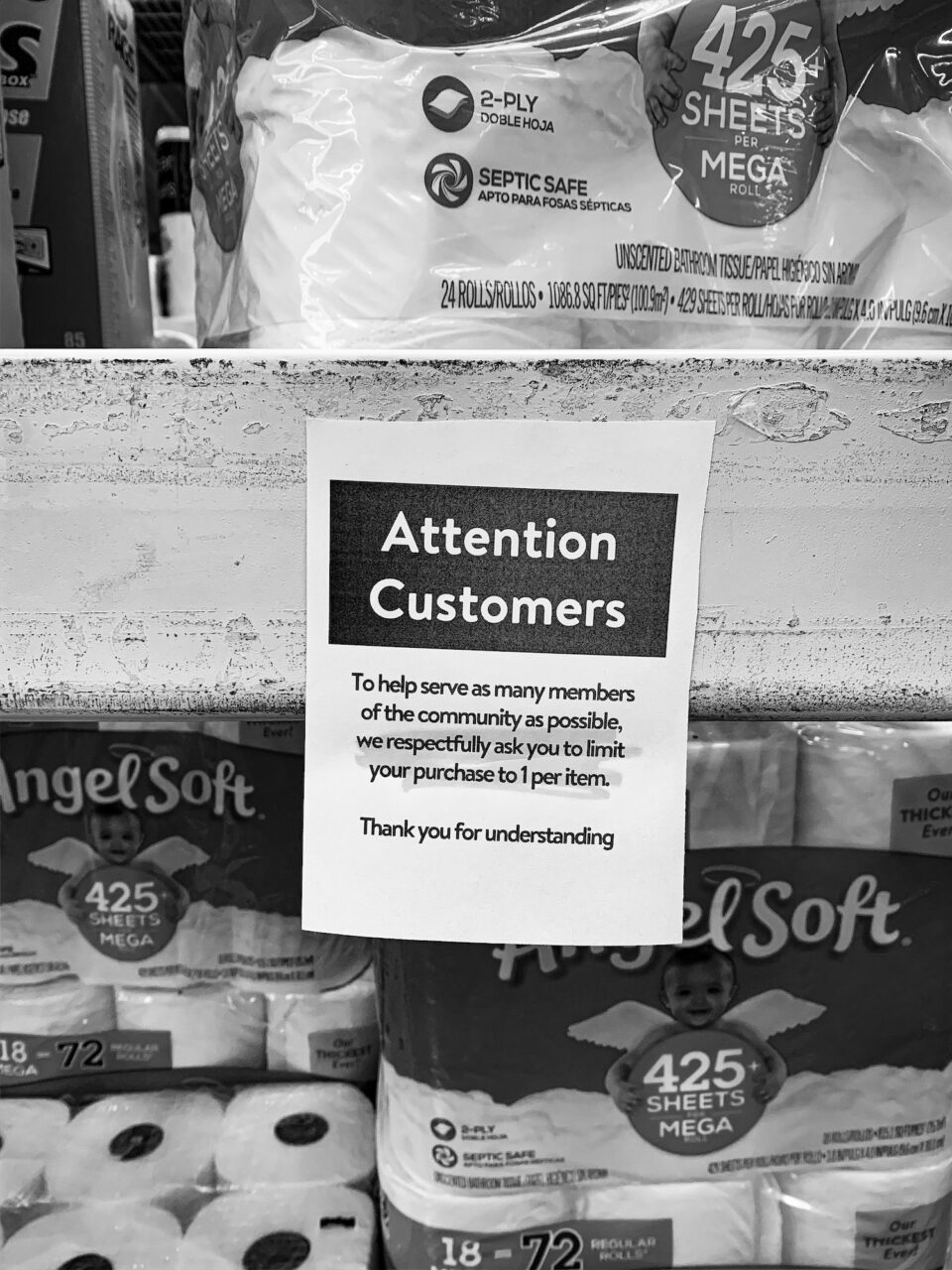 In late March, Walmart posted signs in front of toilet paper, limiting customers to one per purchase. The signs also were displayed for meat, bread, water and other items.