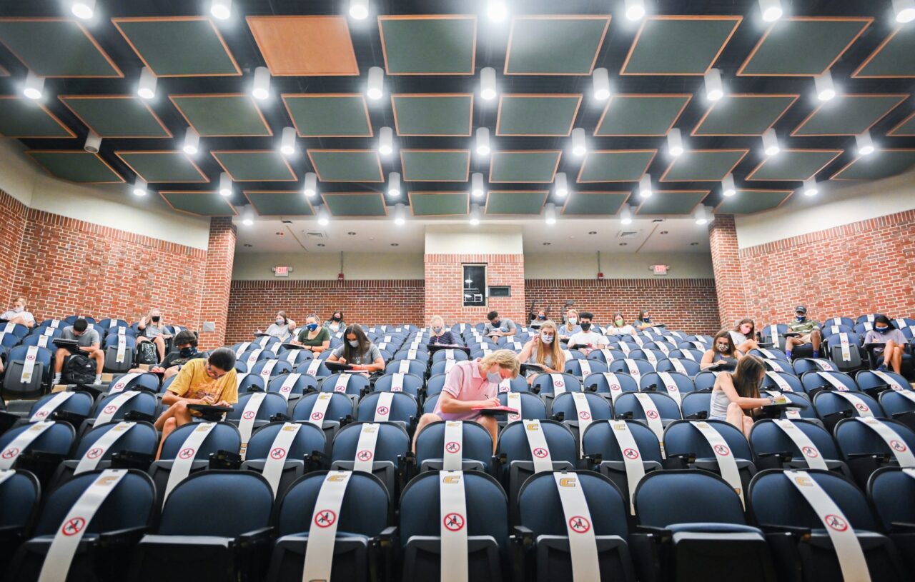 Students in the auditorium in Grote Hall.