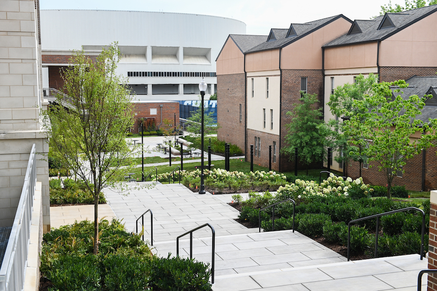 A new pedestrian walkway connects the West Campus Housing parking garage to Vine Street and Boling apartments' sidewalks.