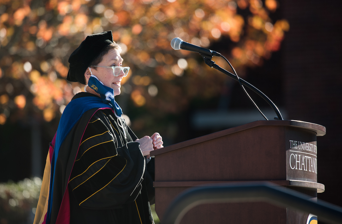 Vice Chancellor for Research and Dean of the Graduate School Joanne Romagni speaks at the graduate student commencement on Nov. 18, 2020.