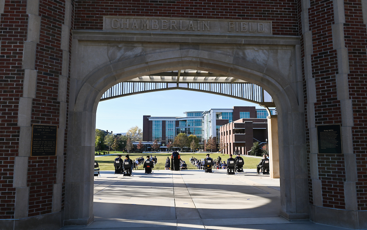 Undergraduate students participate in a commencement ceremony Thursday, Nov. 19, 2020 on Chamberlain Field.