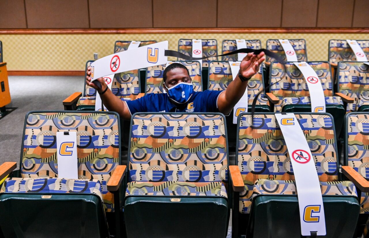 To practice six-foot social distancing, seats in auditoriums and classes were marked off with tape