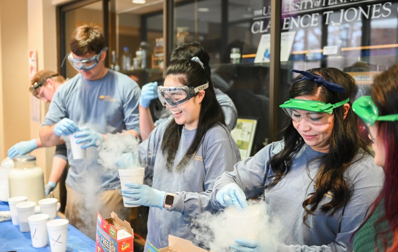 Members of the Chemistry Club make Liquid Nitrogen Ice Cream for a party in February.