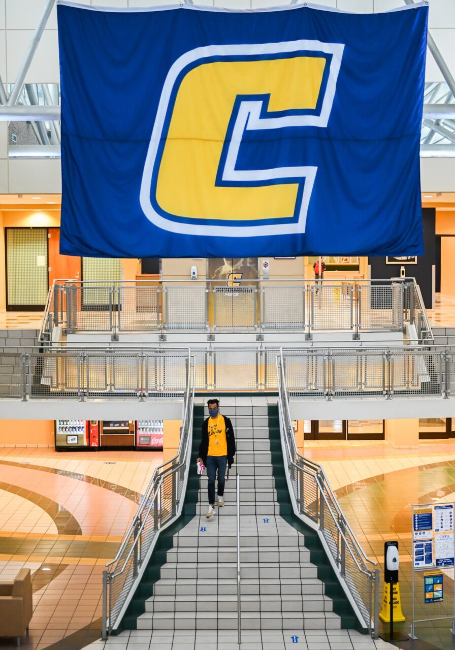 A Power C banner hangs in the University Center.