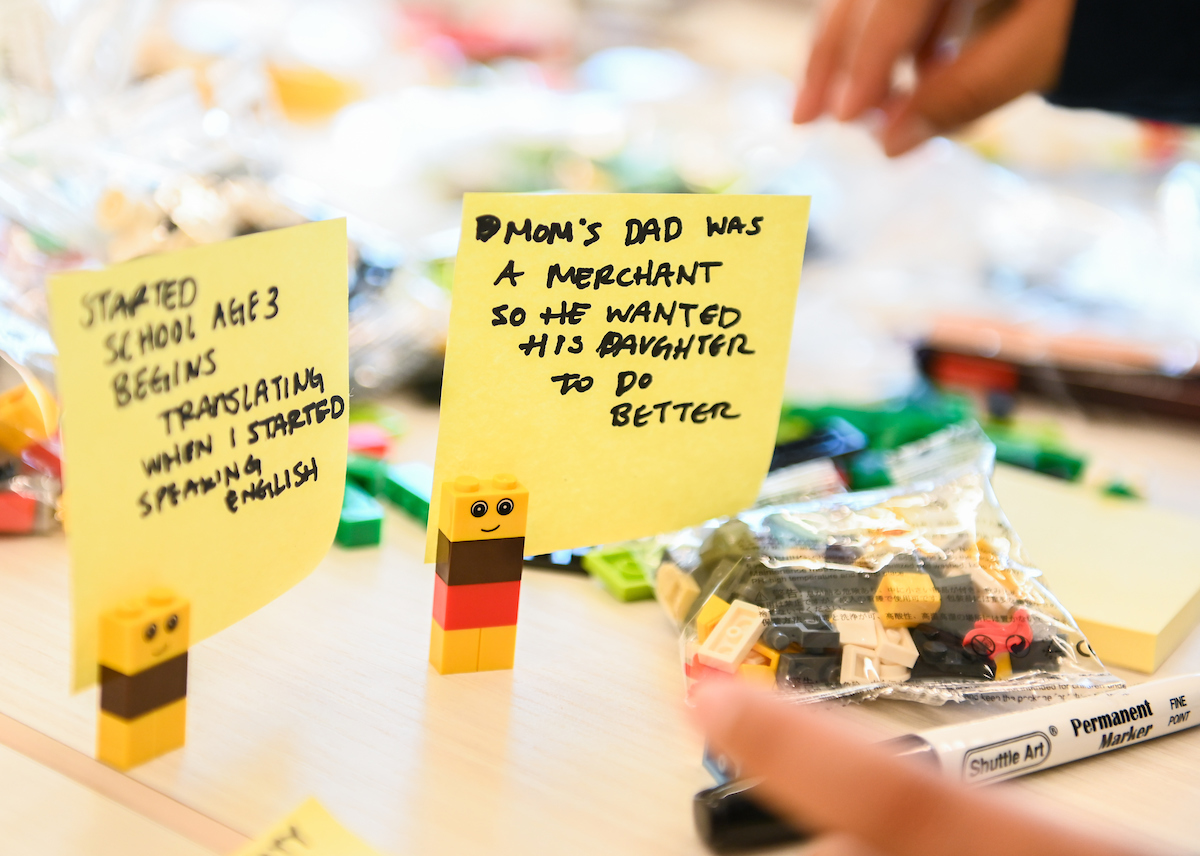 Sawyer Suerth used Post-It notes to write details about her family's history. Her roots are in Germany, so she used black, red and yellow—the colors of the German flag—to build one of the figures.