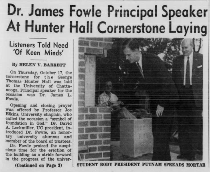 Image of Hunter Hall cornerstone laying announcement published in student newspaper with title "Dr. James Fowle Principal Speaker at Hunter Hall Cornerstone Laying