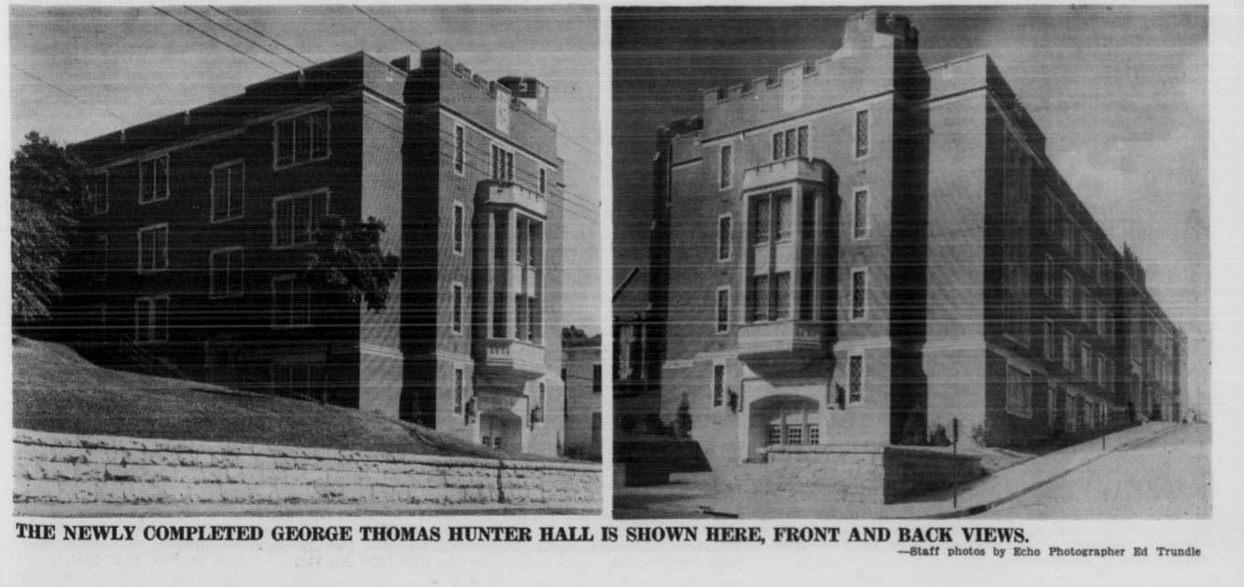 Black and white photos show exterior of Hunter Hall when first built