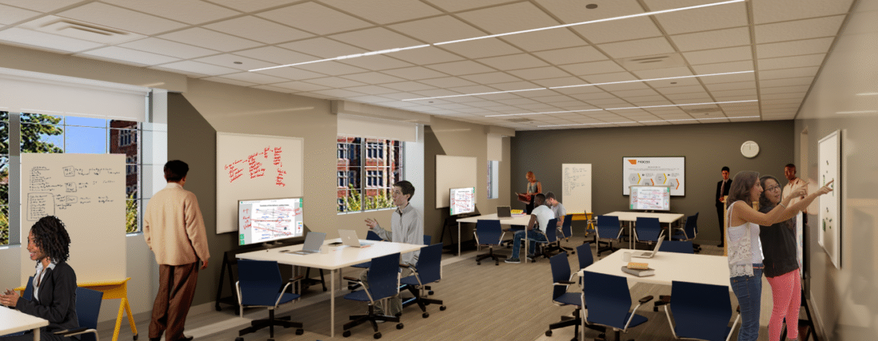 Rendering of potential plans for new classroom in Hunter Hall with chairs and tables that can easily be rearranged.