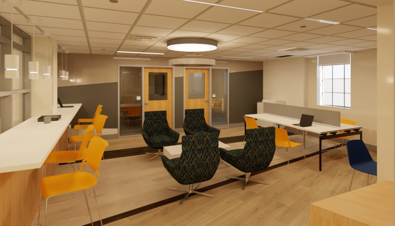 Rendering of potential plans for a new student lounge in Hunter Hall with lots of seating and study space.