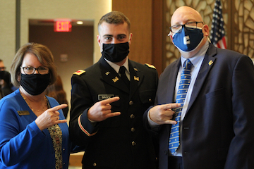 From left, Military Science Administrative Assistant Michelle Pelfrey, 2nd Lt. Emerson Brock and Provost Jerold Hale