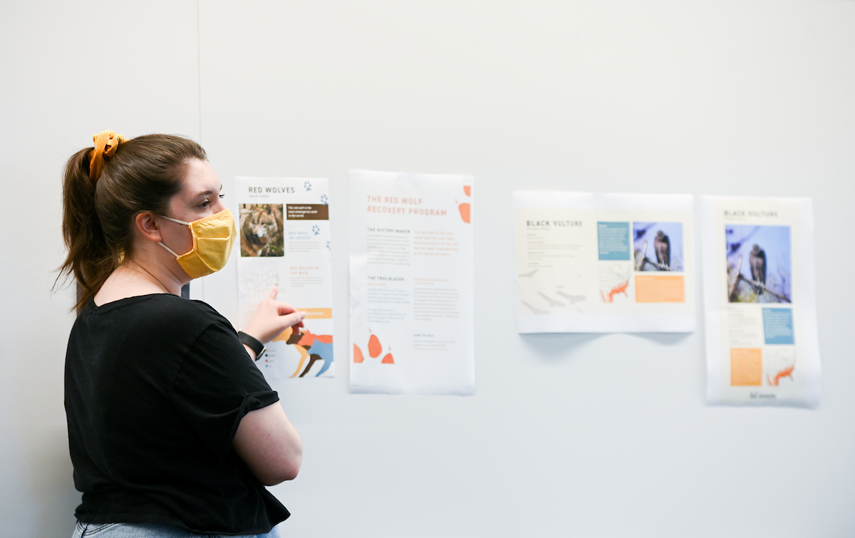 Students discuss various ideas for redesigning signs at Reflection Riding.