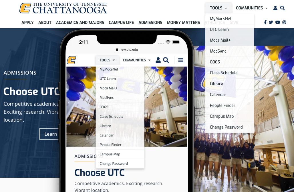 Screenshots to demonstrate location of "Tools" menu on utc.edu.