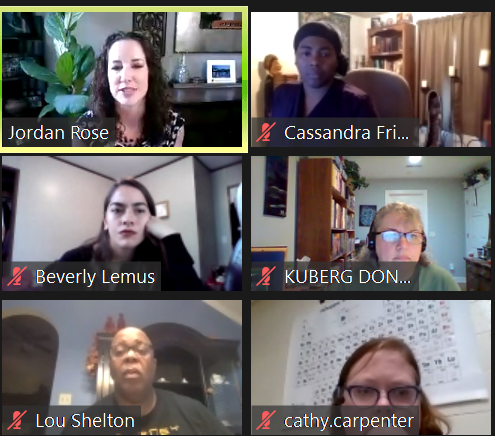 A Zoom meeting with six participants in a grid.